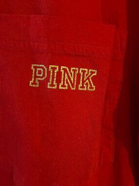 PINK Victoria's Secret Red Short Sleeve Tee with Gold Glitter Logo